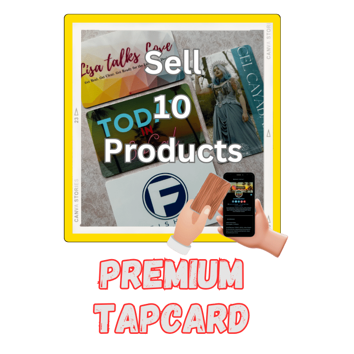 Sell 10 products with the Premium TapCard. Cost: $129.99 with 1 Month Hosting Included, then $99.99/mo.